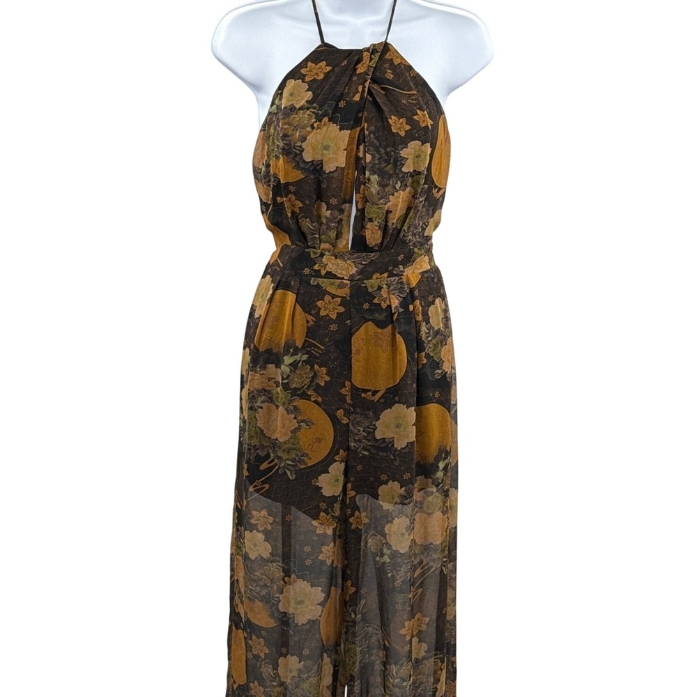 Aakaa Women Brown Floral Halter Sheer Wide Leg Jumpsuit Small NWT Boho Keyhole